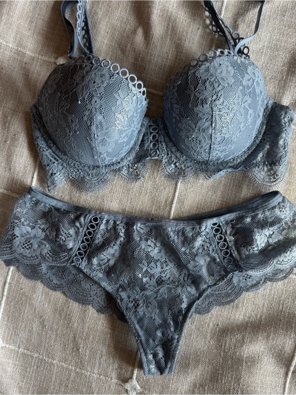 Victoria's Secret Gray Lace Push-Up Bra & Panty Thong Set